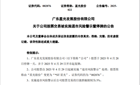 实配网配资 星光股份自4月29日起将被实施退市风险警示，4月28日停牌一天